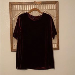 2 tops: velvet maroon & white/gray stripes